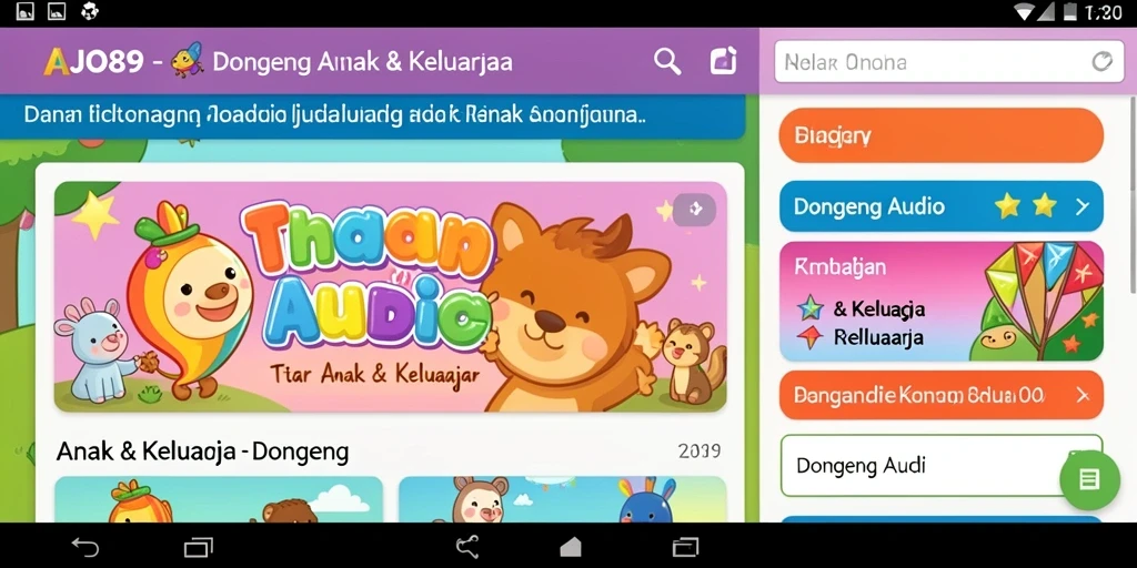 Antarmuka AJO89 menampilkan berbagai pilihan dongeng audio untuk anak-anak.