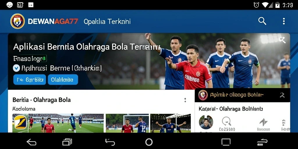 Antarmuka aplikasi DEWANAGA77 dengan berita olahraga bola.