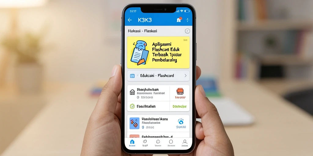 Antarmuka K3K3 yang menampilkan fungsi flashcard untuk belajar interaktif.